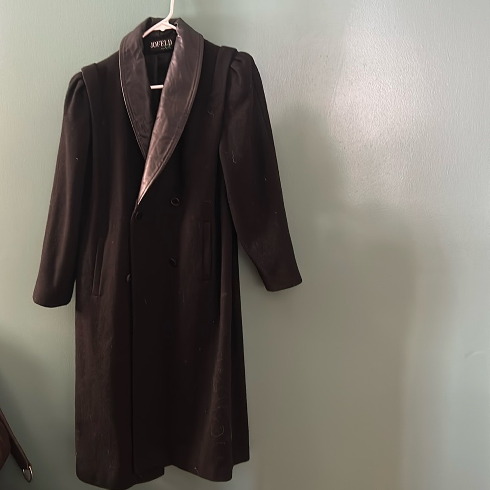 JOFELD Vintage Black Wool Coat with real Leather Trim, very clean